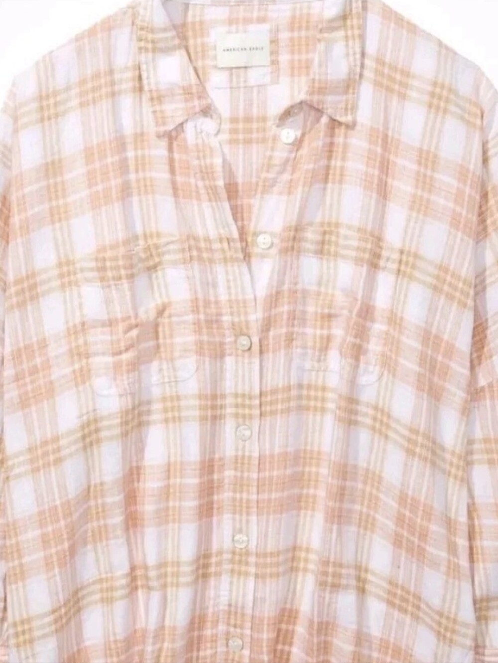 American Eagle Oversized Linen Shirt Size SMALL Plaid Button Overshirt Top
